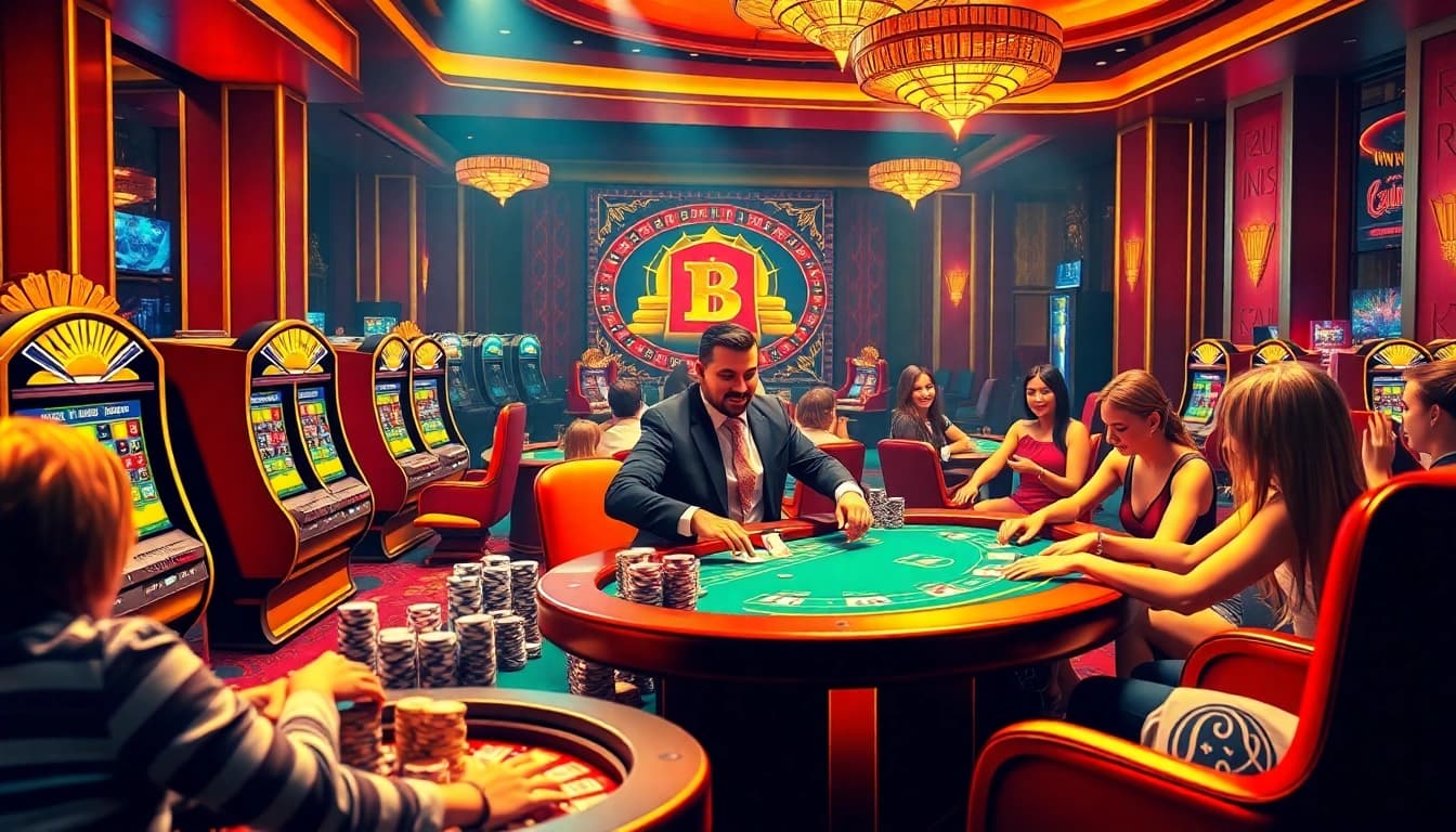 Nohu90 players enjoying exciting casino games with vibrant slot machines and a professional dealer.