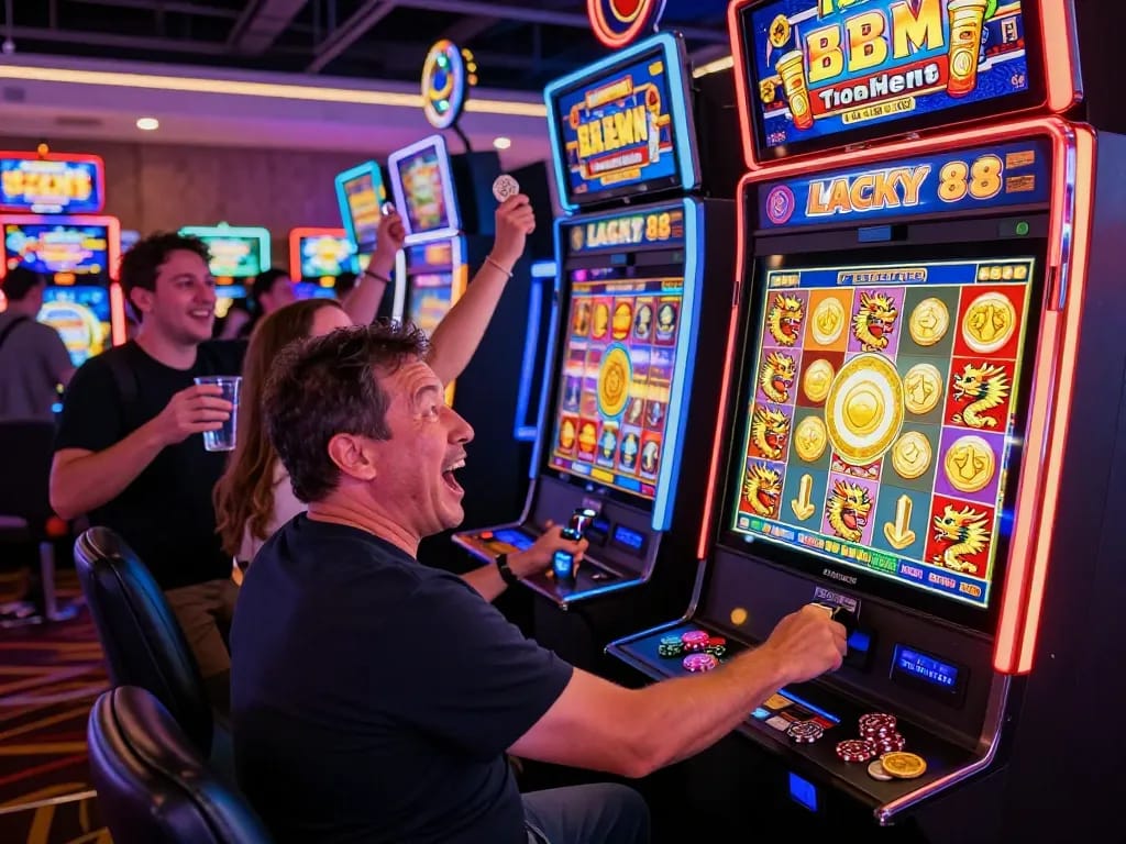 Exciting Lucky 88 slot machine gaming scene with a player winning, surrounded by vibrant casino atmosphere and cheering friends.