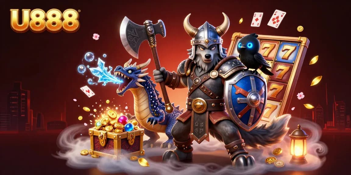 U888 slots scene featuring a Viking warrior and a fierce dragon celebrating jackpot wins.