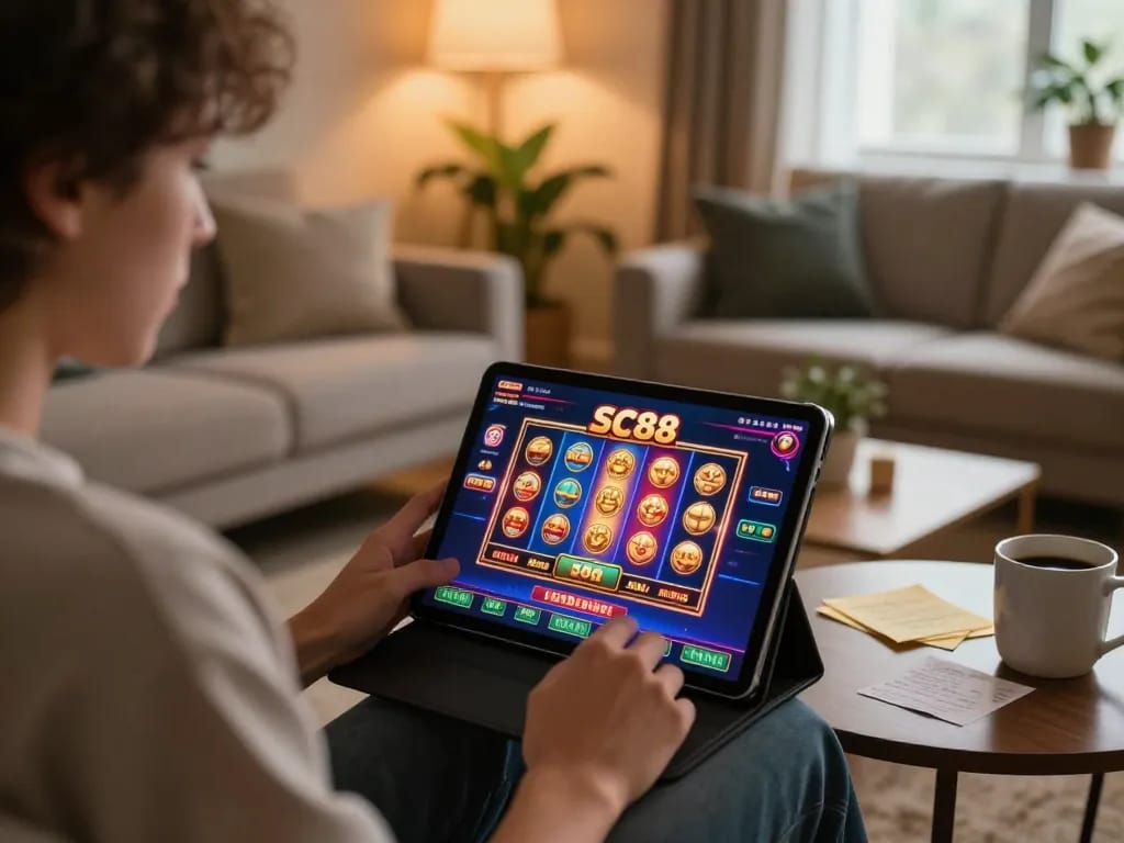 Engaged player exploring SC88 slot games on a tablet in a cozy home setup, demonstrating online gambling excitement.