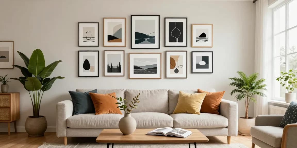 Moderne Wandbilder in einem stilvollen Wohnzimmer mit natürlichem Licht und verschiedenen Kunststilen.