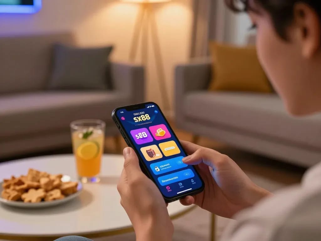 Player exploring betting options on nhà cái sx88 app in a cozy home setting