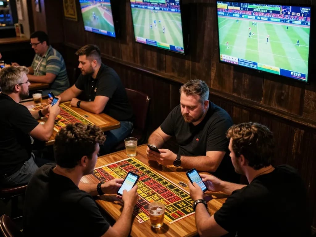 Experience live sports betting excitement at fly88 with patrons placing bets in a vibrant sports bar.