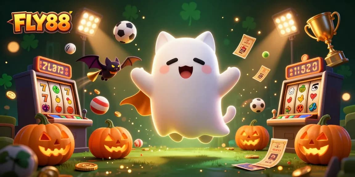 FLY88 showcases an enchanting online casino scene with a playful ghost cat and vibrant gaming elements.