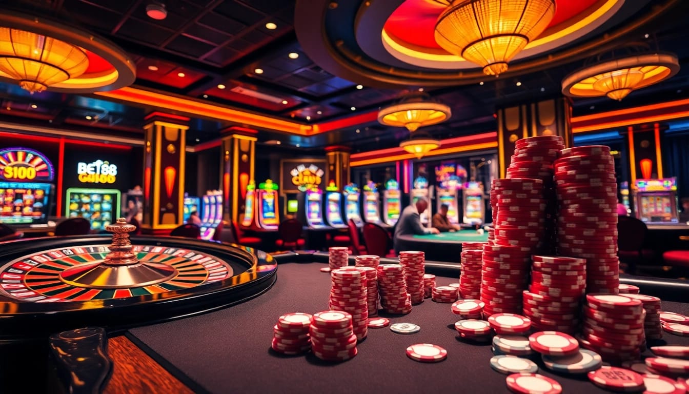 Experience the excitement of BET88 at a luxurious poker table with vibrant casino elements.