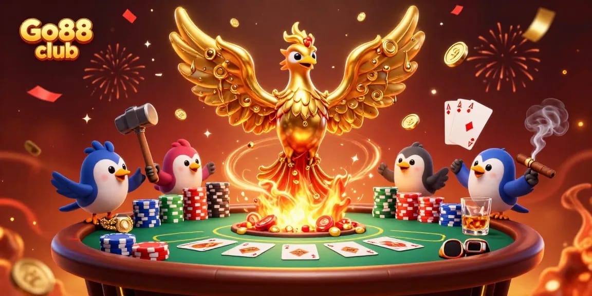 Experience the thrill of Go88 club as the golden phoenix graces a dynamic casino scene.