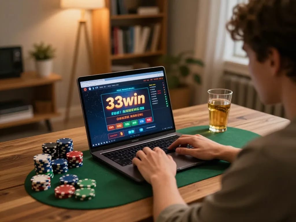 The user engages with the 33win online casino on a laptop, surrounded by poker chips in a cozy home setting.