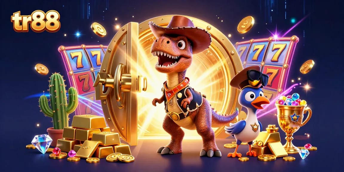 Experience thrilling slot adventures with TR88’s vibrant 3D casino illustration featuring dynamic characters and golden treasures.