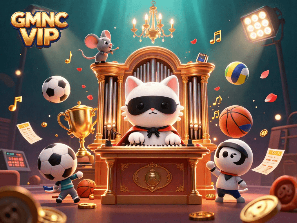 Experience dynamic gaming with GMNC VIP in this lively casino illustration featuring sports betting elements.