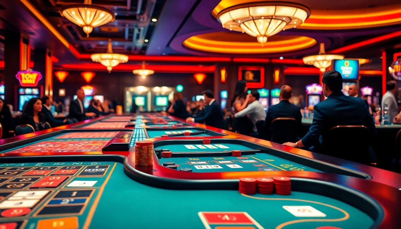 Spiele und Freude am LolaJack Casino erleben, mit strahlenden Lichtern und aktiven Spielern im Vordergrund.
