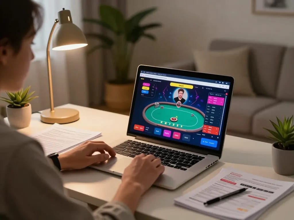 Player enjoying a strategic online poker game with 13WIN at home, surrounded by betting notes and a modern setup.