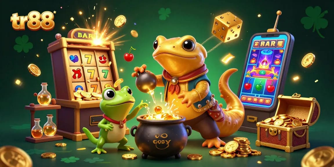 Experience the magic of tr88 with a vibrant casino-themed alchemy scene full of gold, games, and excitement.