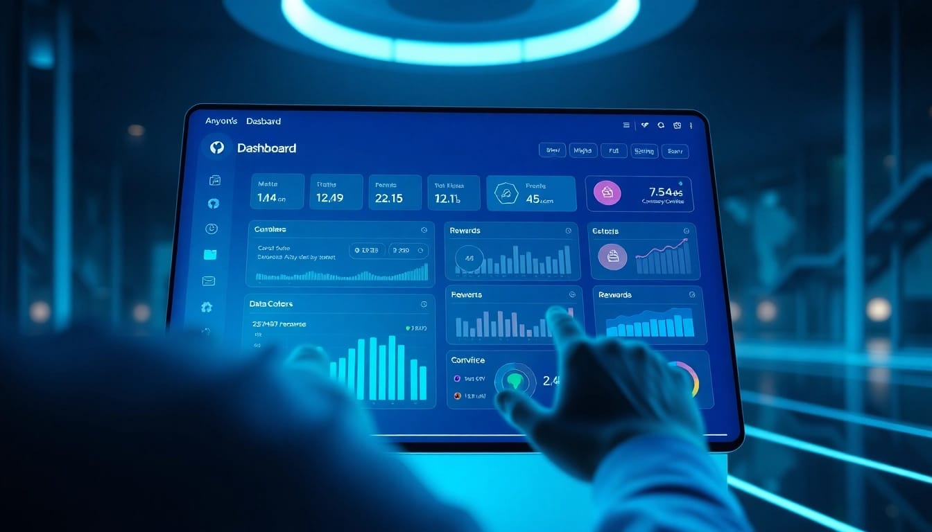 Anyone Dashboard interface showcasing user metrics and rewards in a modern tech setting.