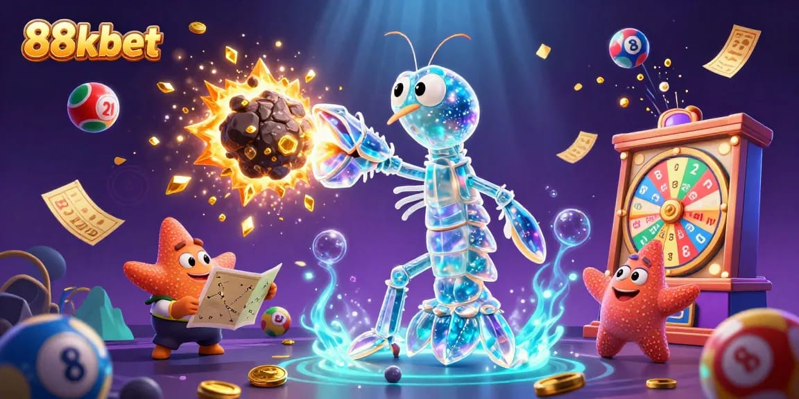 88kbet offers an engaging scene of a cartoon mantis shrimp and starfish celebrating casino victories with vibrant lottery elements.