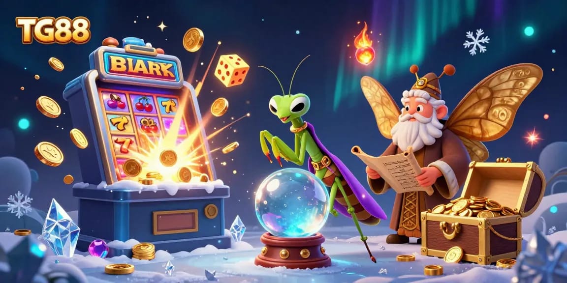 Experience wins with TG88 in a vibrant casino scene featuring fortune tellers and game elements.