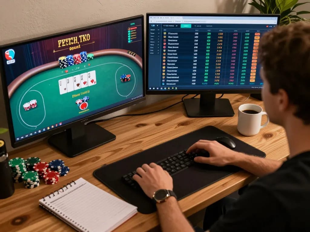 Player managing multiple online gaming sessions on alo8net, showcasing poker and sports betting strategies in a cozy setup.