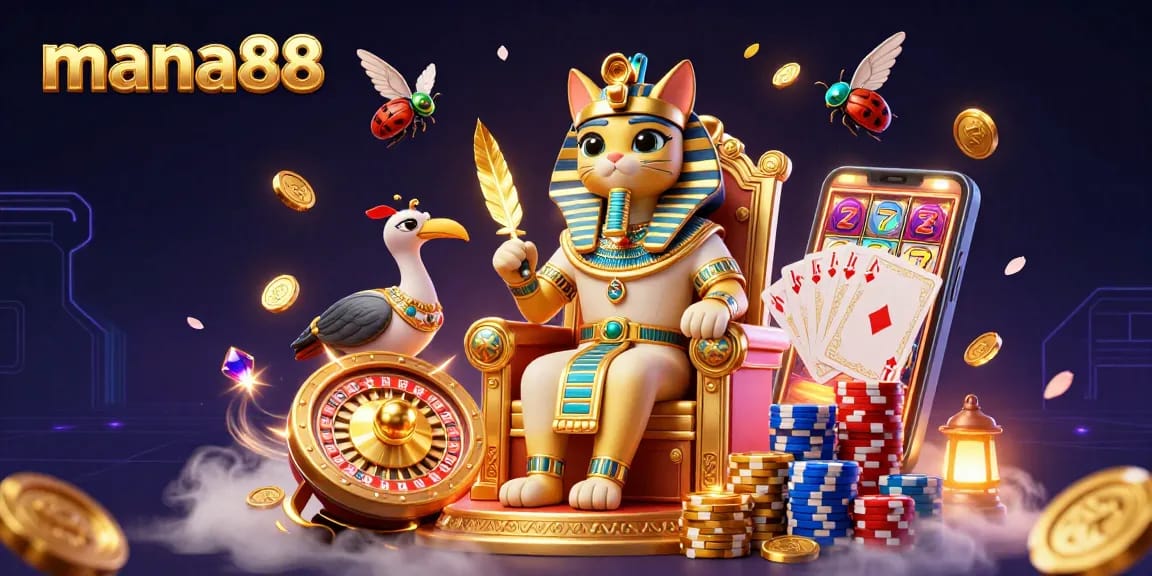 Experience the captivating thrills of mana88 in a vibrant 3D casino scene filled with golden coins and playful game elements.