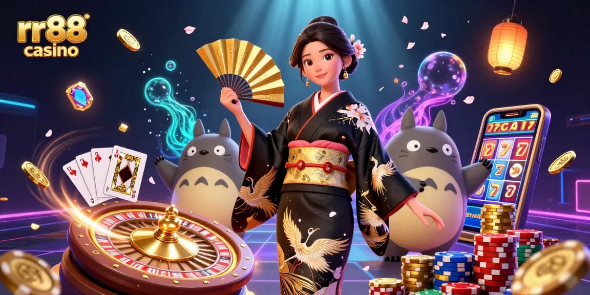 Win big at rr88 casino with a vibrant illustration of dynamic betting elements, gold coins, and lucky symbols.