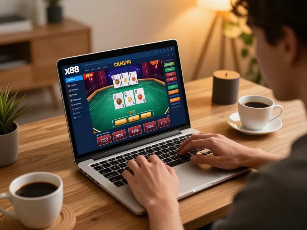x88 online gambler engaged in live dealer game from cozy home setup