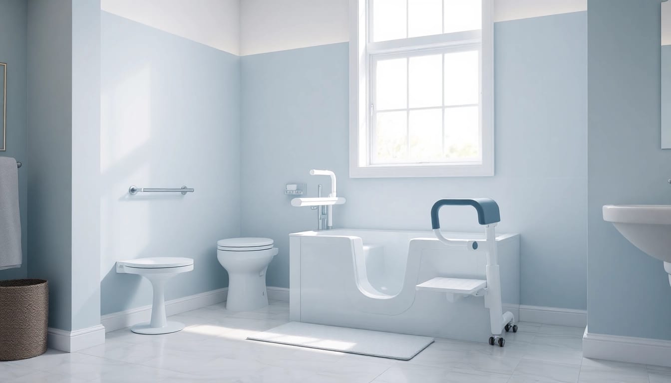 Badehilfe für Senioren - Ergonomischer Badelift in einem ruhigen Badezimmer, das Sicherheit und Komfort bietet.