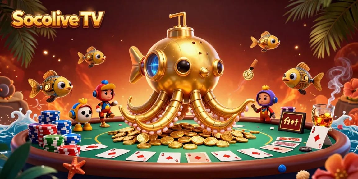 Experience thrilling wins with Socolive TV as a golden kraken submarine surfaces through a bounty of gaming gold.