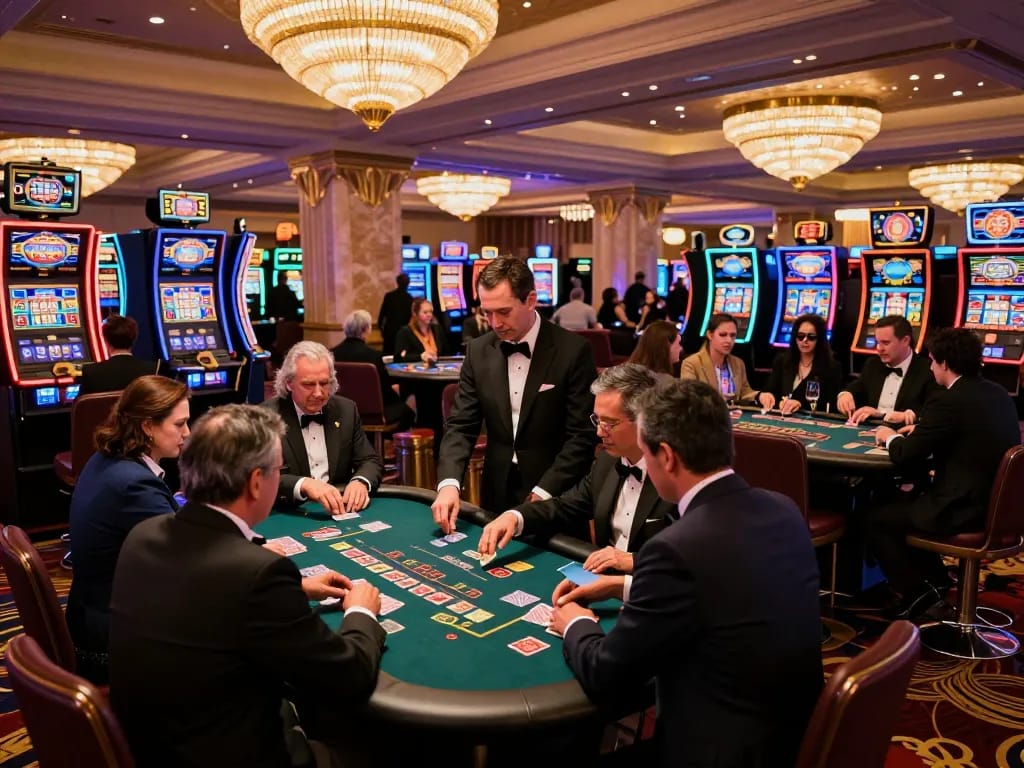 Players strategize at blackjack tables in the vibrant TR88 Las Vegas casino atmosphere.