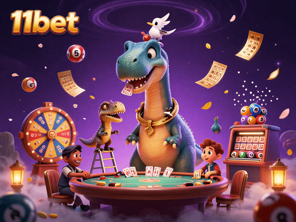 Engage with 11bet as the brontosaurus oversees a lively casino scene filled with thrilling games and colorful elements.
