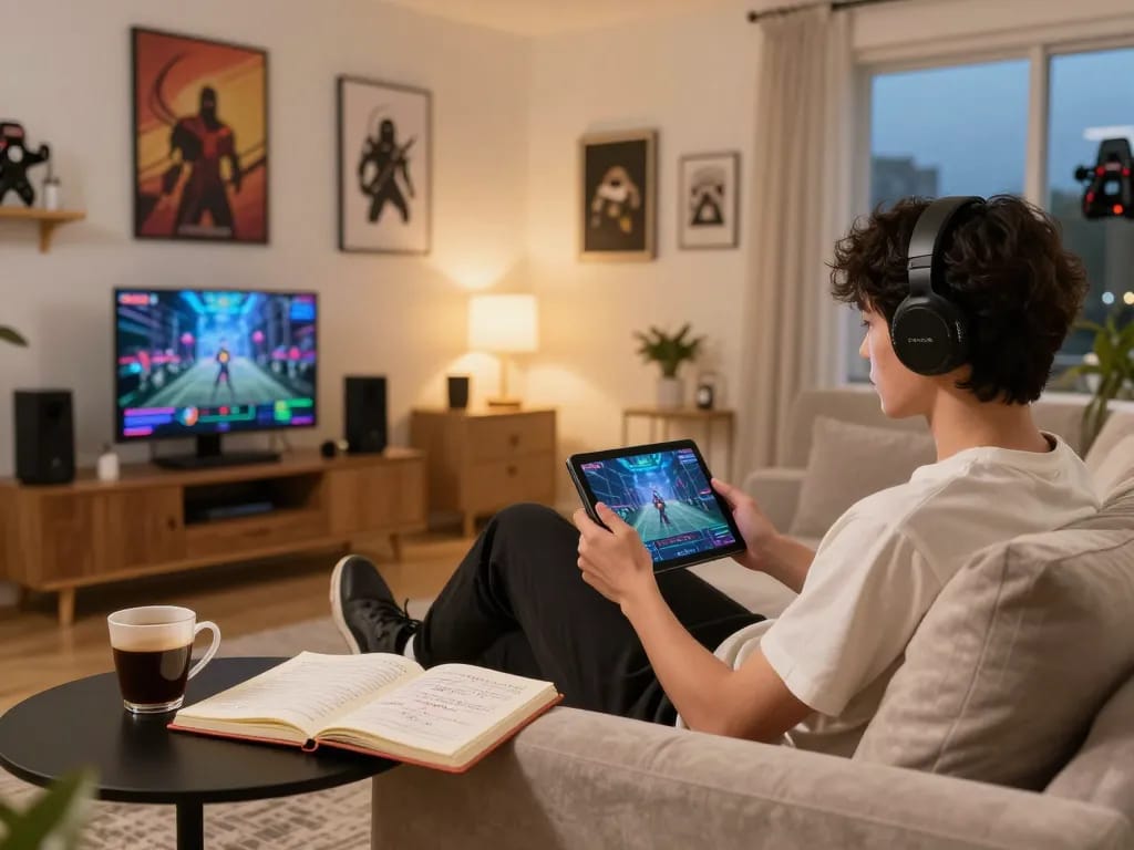 Person enjoying an exciting lc88 my gaming session on a tablet in a cozy home setup.