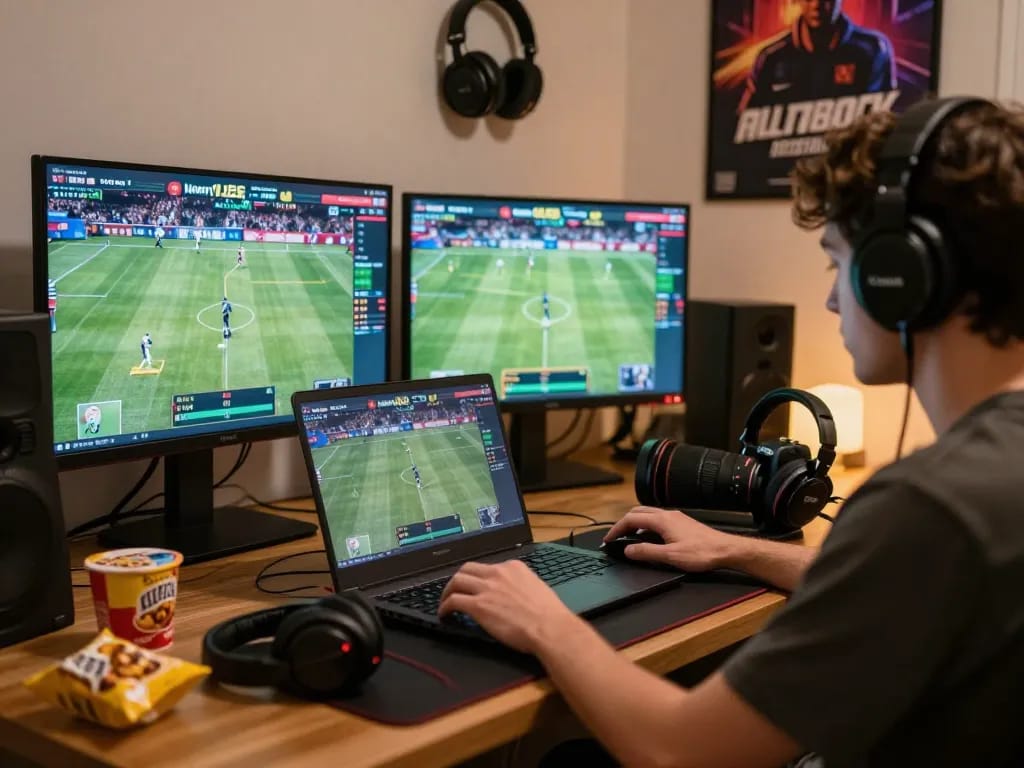 Engaged player enjoying fb88 online betting experience with multiple screens and gaming accessories.