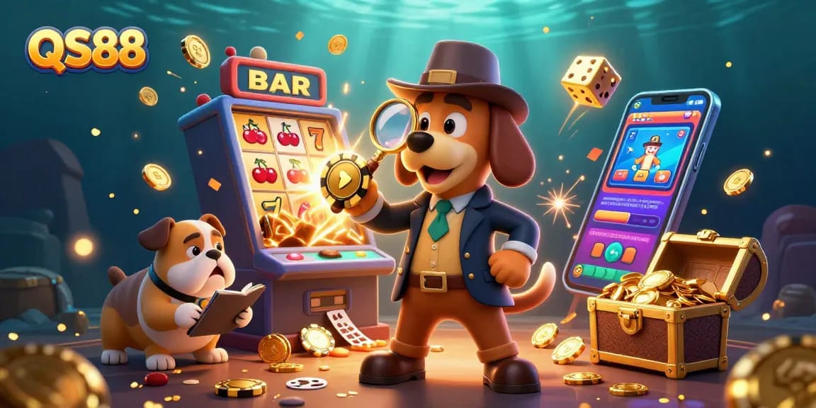 QS88 captivates players with a thrilling scene of a detective and bulldog finding jackpot clues amid vibrant casino elements.
