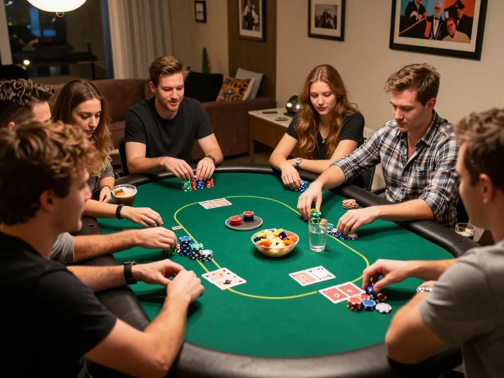 Friends enjoying an exciting poker night at home with a lively atmosphere, strategically engaging around the table at b66.org.