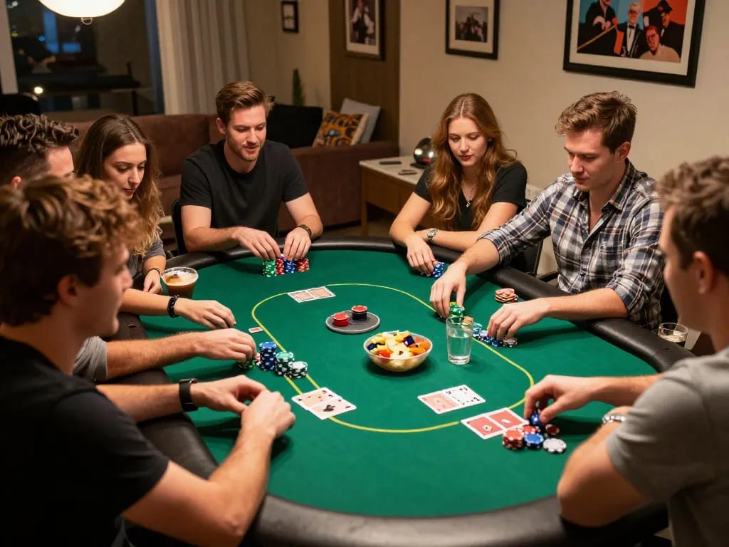 Friends enjoying an exciting poker night at home with a lively atmosphere, strategically engaging around the table at b66.org.