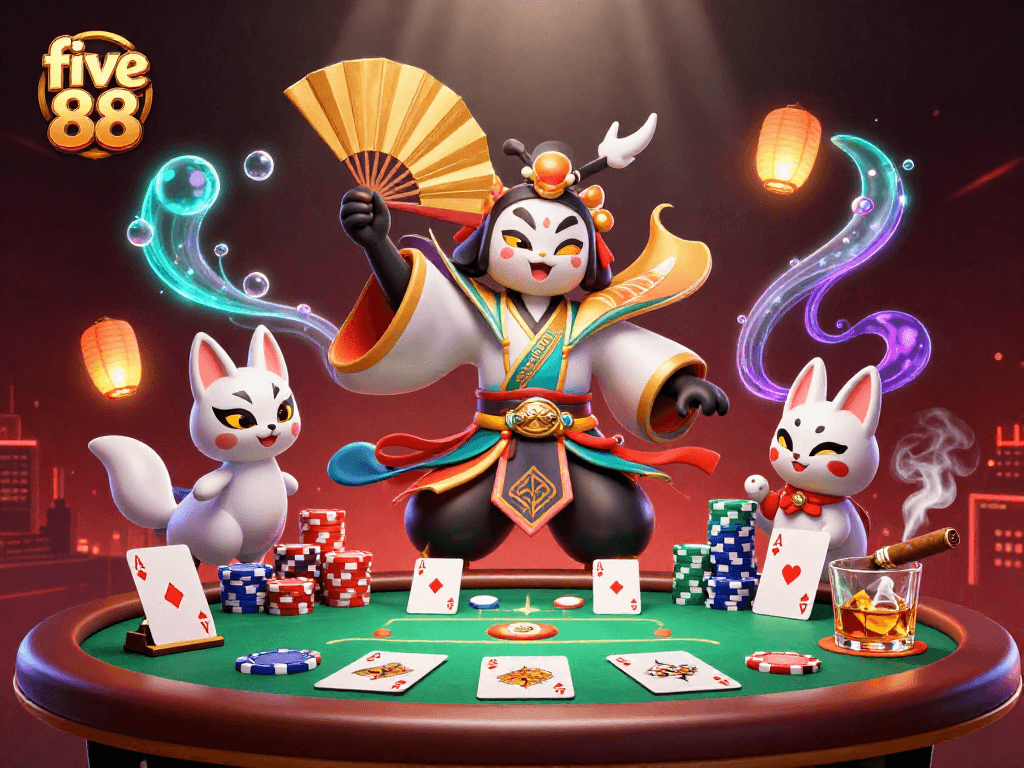 Engage with thrilling action at five 88, featuring a kabuki warrior and poker elements in vibrant casino ambiance.