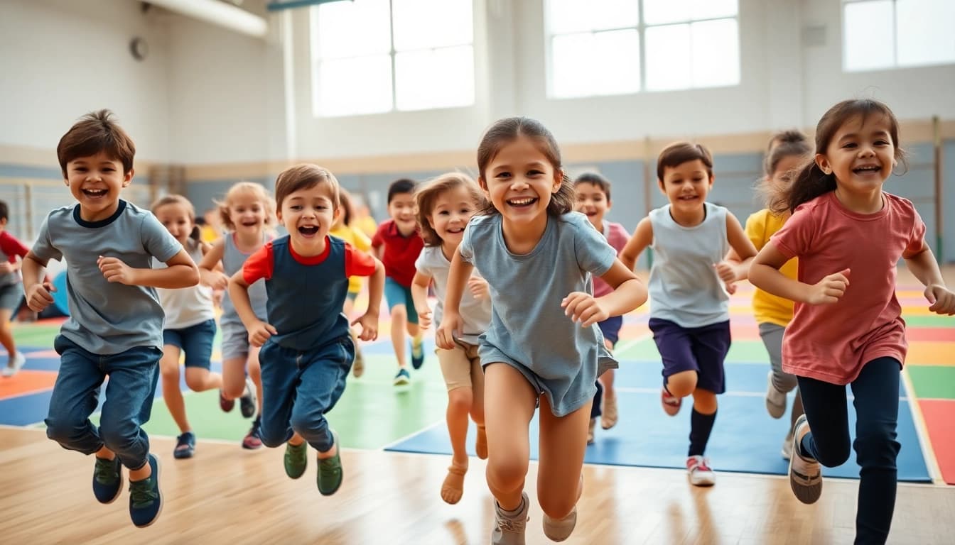 Erfahren Sie mehr hier ueber lebendige Bewegungsspiele fuer Kinder in einem froehlichen Gymnastikraum.