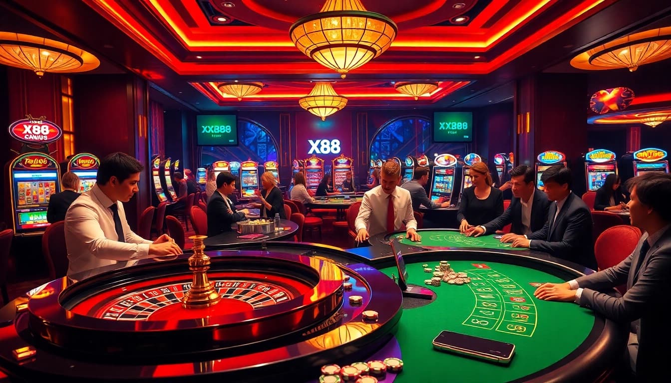 X88 casino players engaging at a roulette table in an upscale gaming environment.