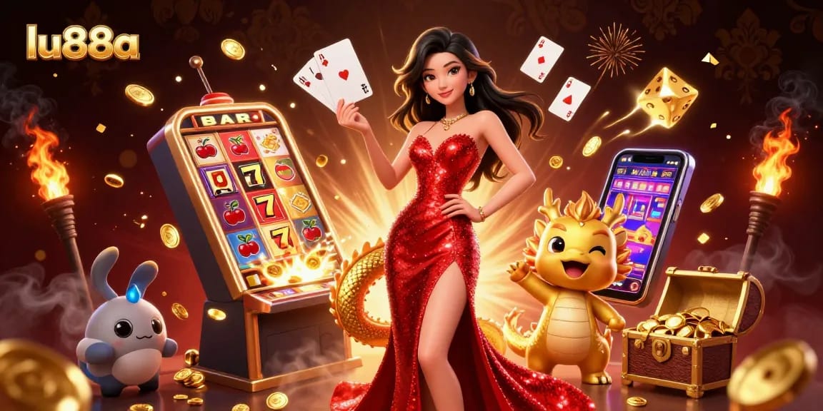 Win big at lu88a with an enchanting Asian woman and a golden dragon in a vibrant casino scene.