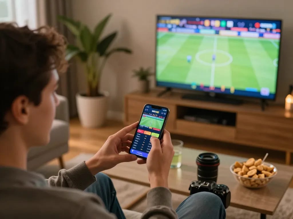 MISO88 sports betting enthusiast analyzing live odds on a smartphone in a cozy setting