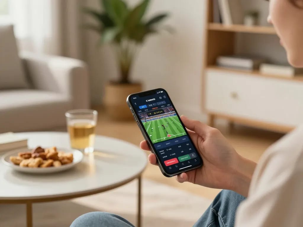 Betting on sports via smartphone at 99wincasino in a cozy home setting.