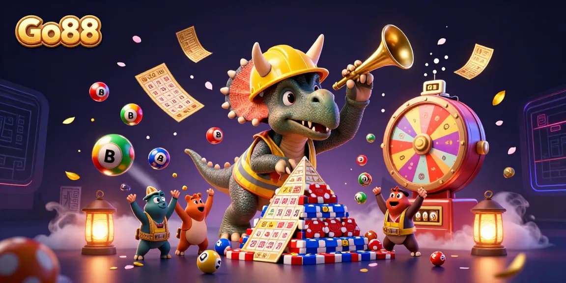 Experience the vibrant excitement of Go88 with a celebratory triceratops and casino elements, perfect for online gaming.