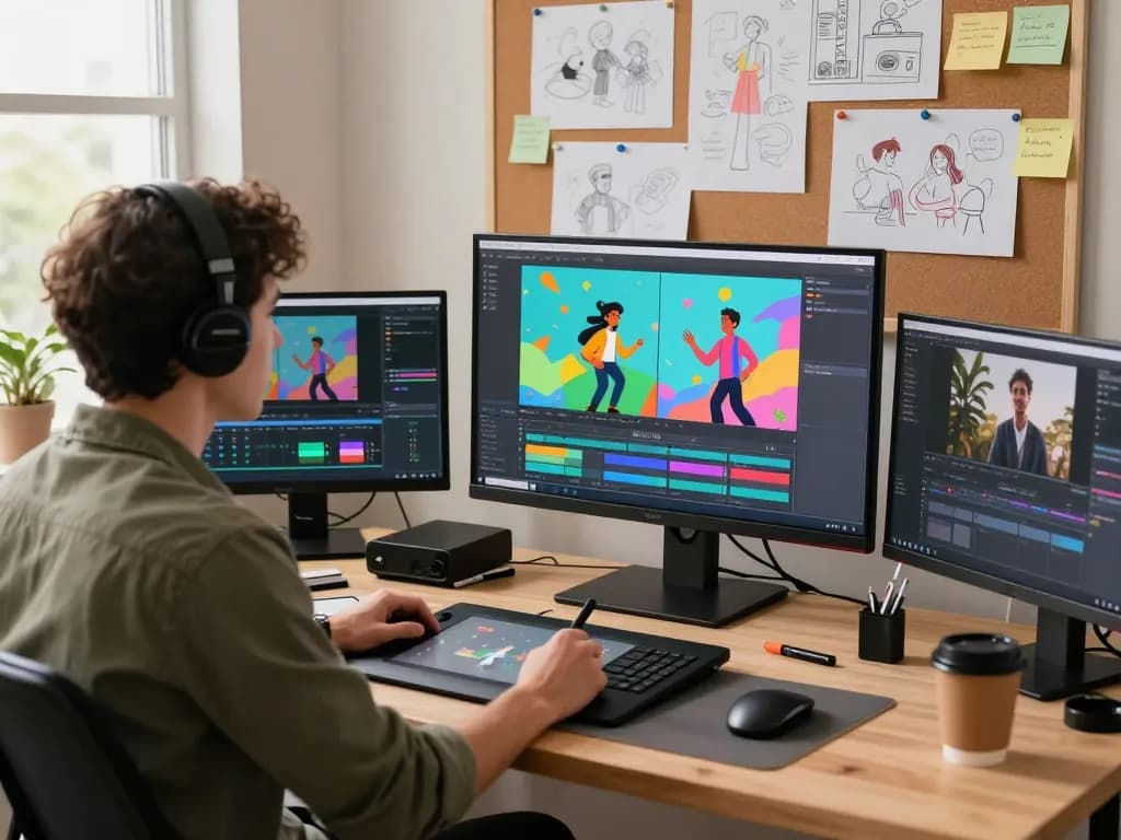 Creating motion ai videos in a vibrant studio with character animations and creative tools.
