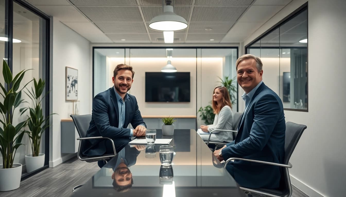 Berater:innen in der Unternehmensberatung arbeiten in einem modernen Büro mit Klienten an strategischen Lösungen.