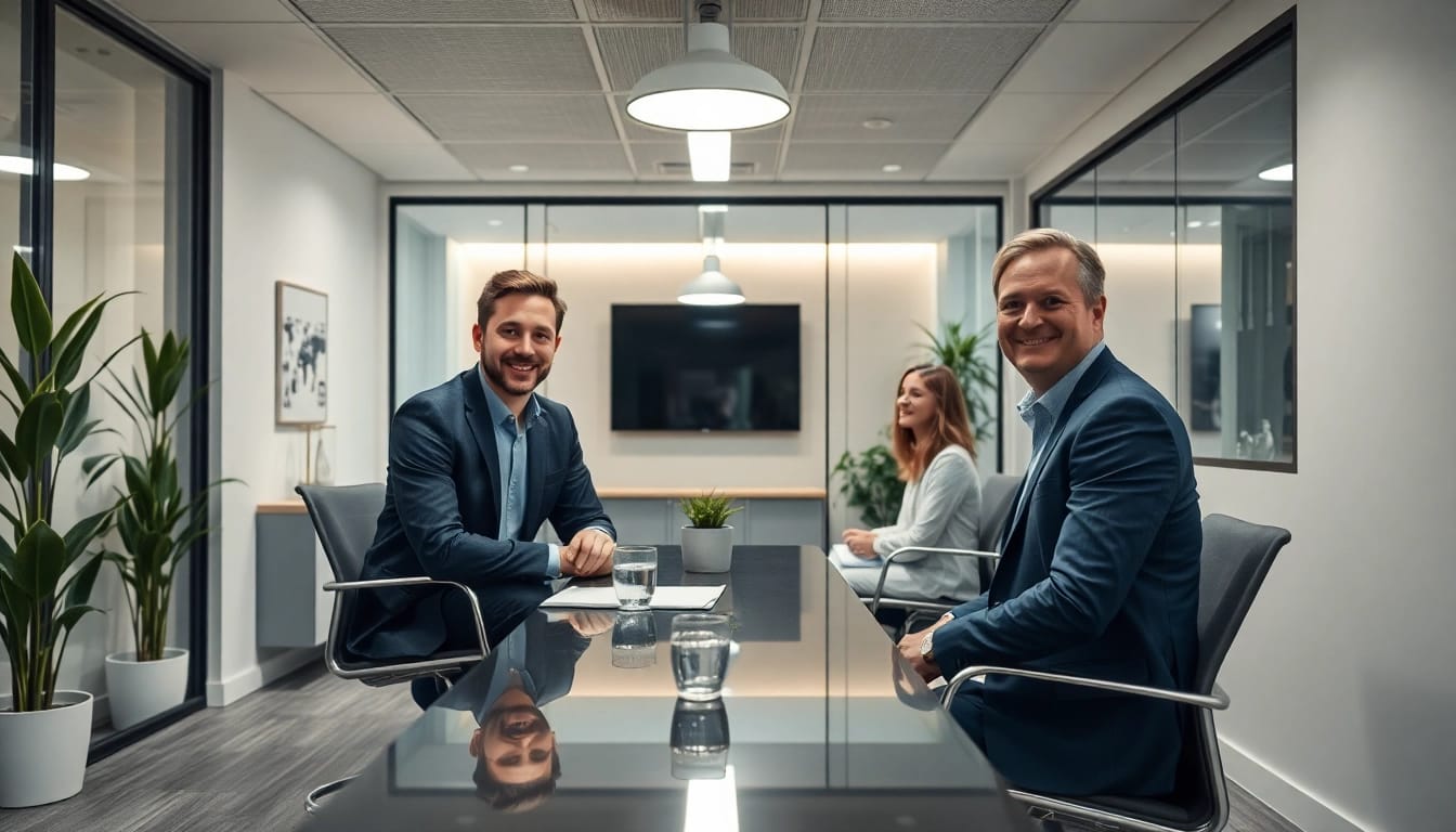 Berater:innen in der Unternehmensberatung arbeiten in einem modernen Büro mit Klienten an strategischen Lösungen.