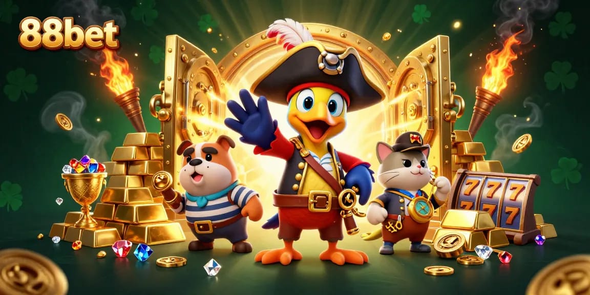 Engage with the vibrant 88bet casino experience featuring a 3D pirate captain and treasures in a lively scene.