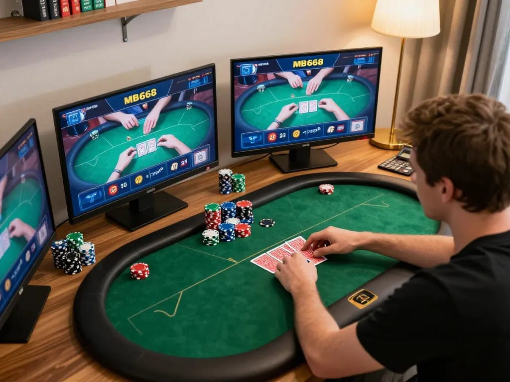 Intense online poker gameplay at mb668 with multiple screens showing strategic card play.