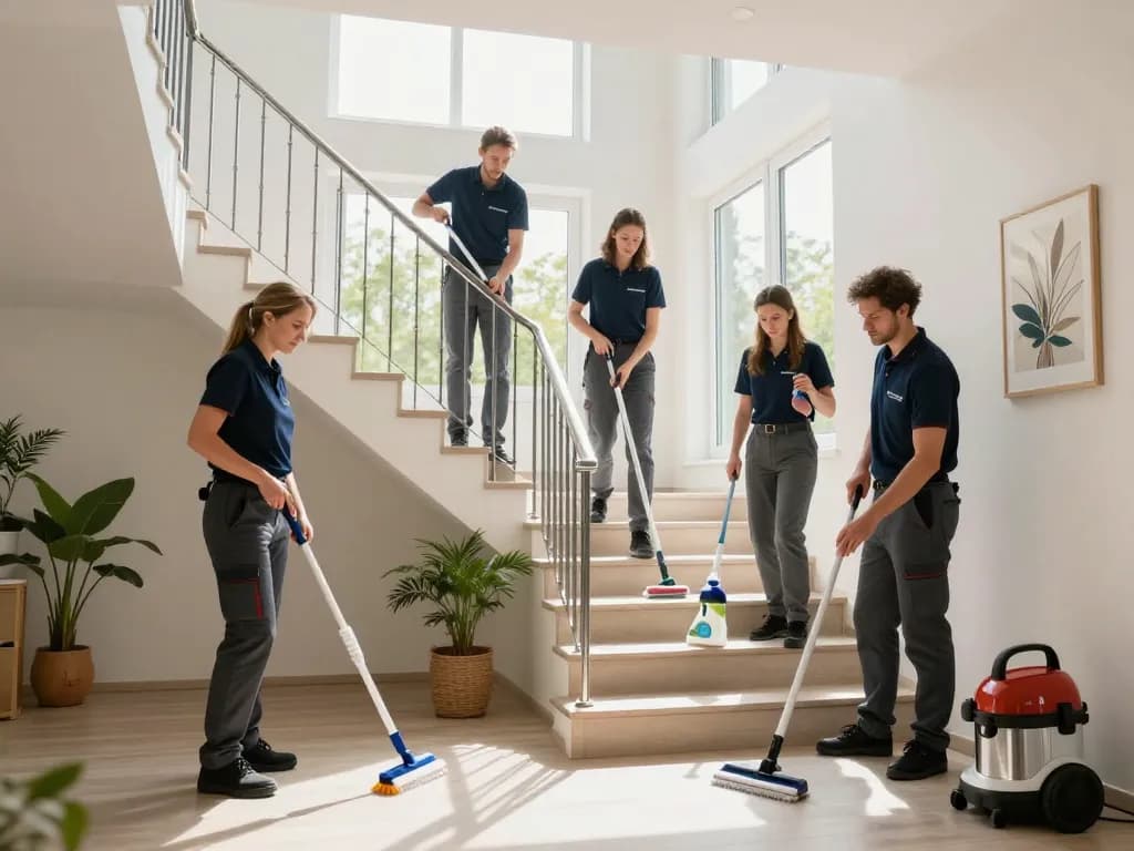 Treppenhausreinigung für Mehrfamilienhäuser in Münster durch ein professionelles Reinigungsteam, das Sauberkeit und Pflege gewährleistet.
