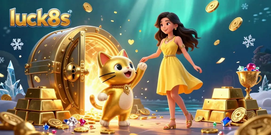Experience luck8s with a beautiful Asian woman and a lucky cat in a vibrant casino setting, surrounded by gold and treasures.