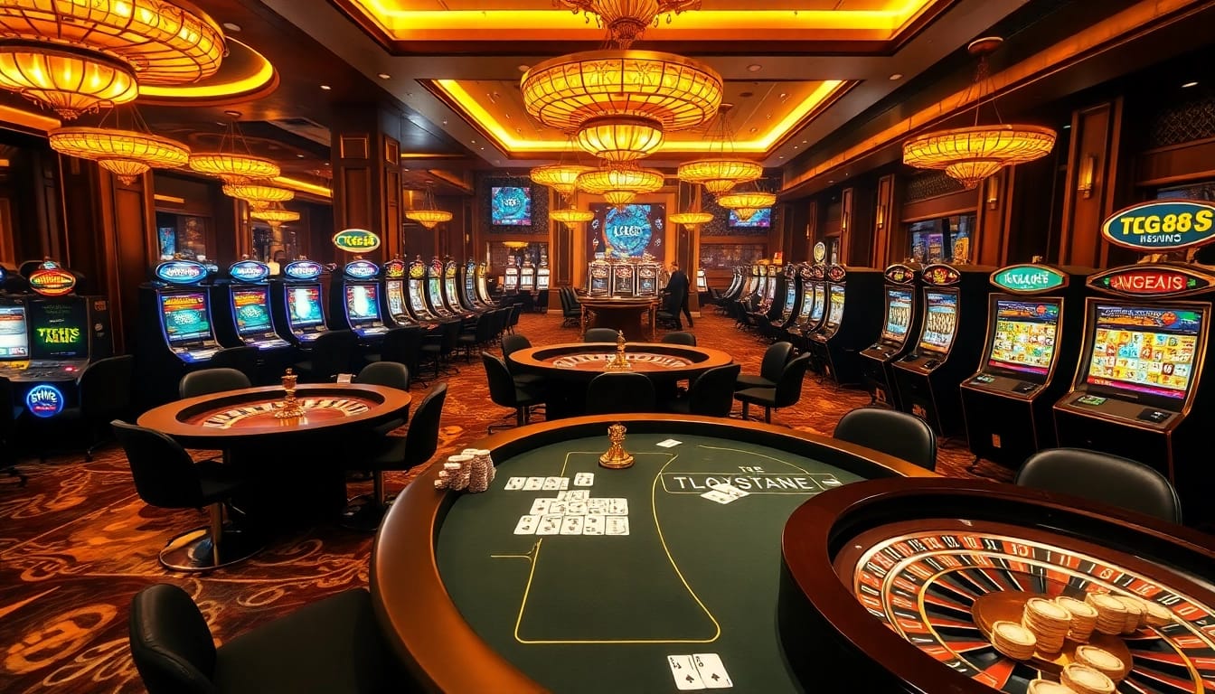 Engage in thrilling casino gameplay with tg 88 slot machines and poker tables in a vibrant scene.