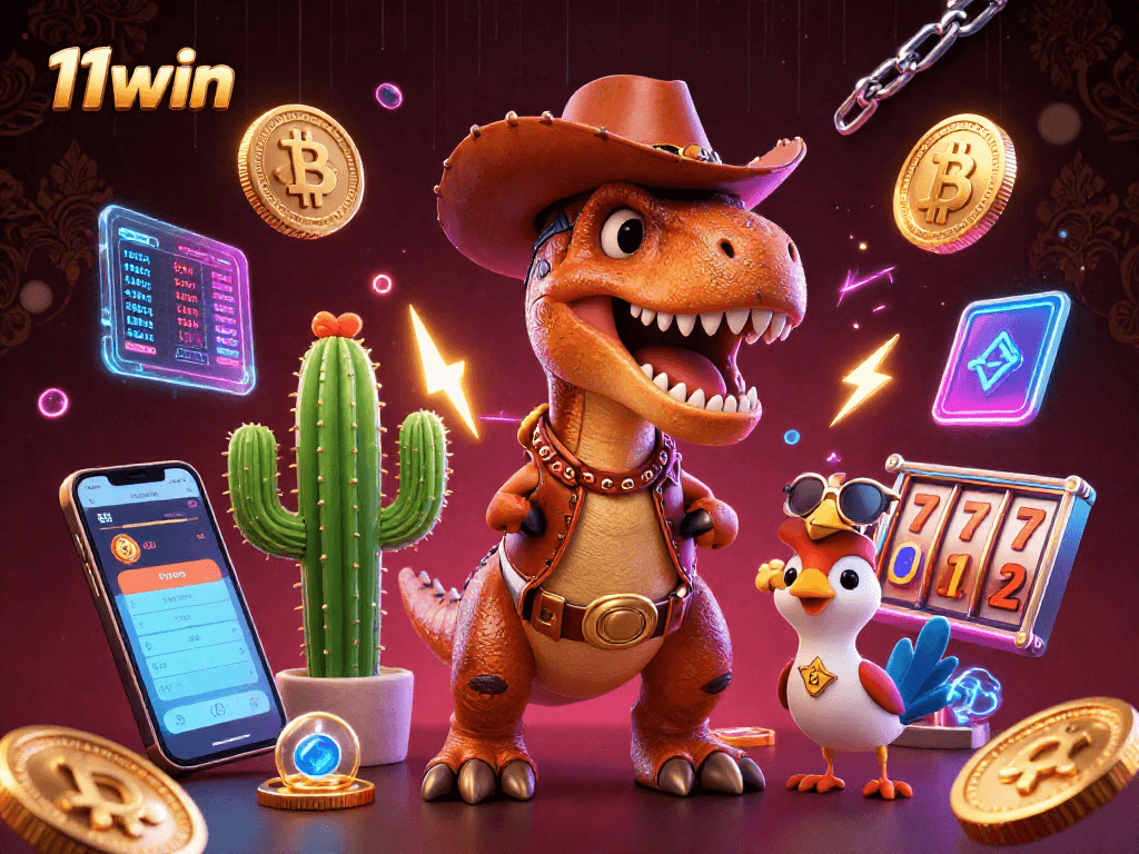 Experience thrilling gameplay with 11win’s cartoon dinosaur, cactus companion, and roadrunner amidst crypto coins.