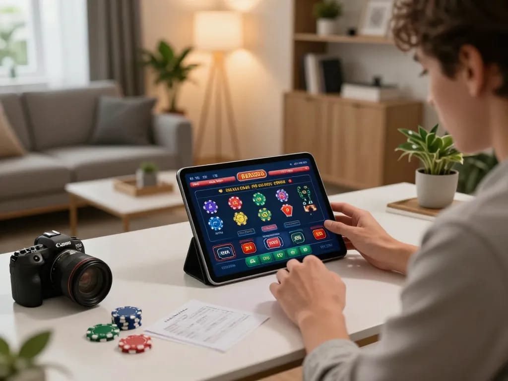 Engaged player using tablet for online casino gaming at https://kkwinzz.com/ in a modern, cozy setting.