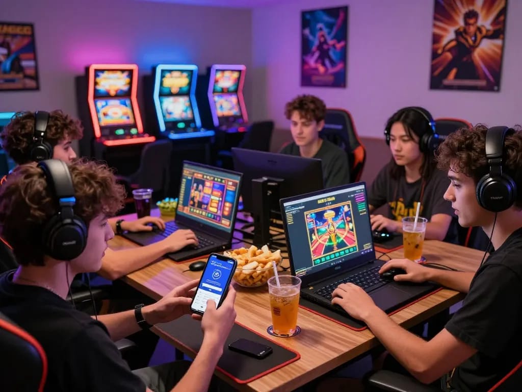 B52club tải app displayed on smartphone amidst gamers enjoying vibrant online gaming experience.
